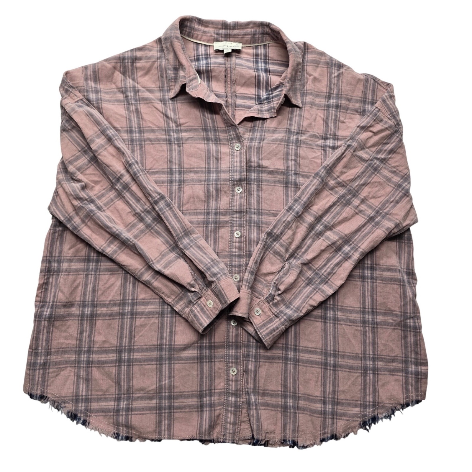 Lucky Brand Plaid Button Down Shirt Raw Hem Boho Grunge Pink Gray Womens Large
